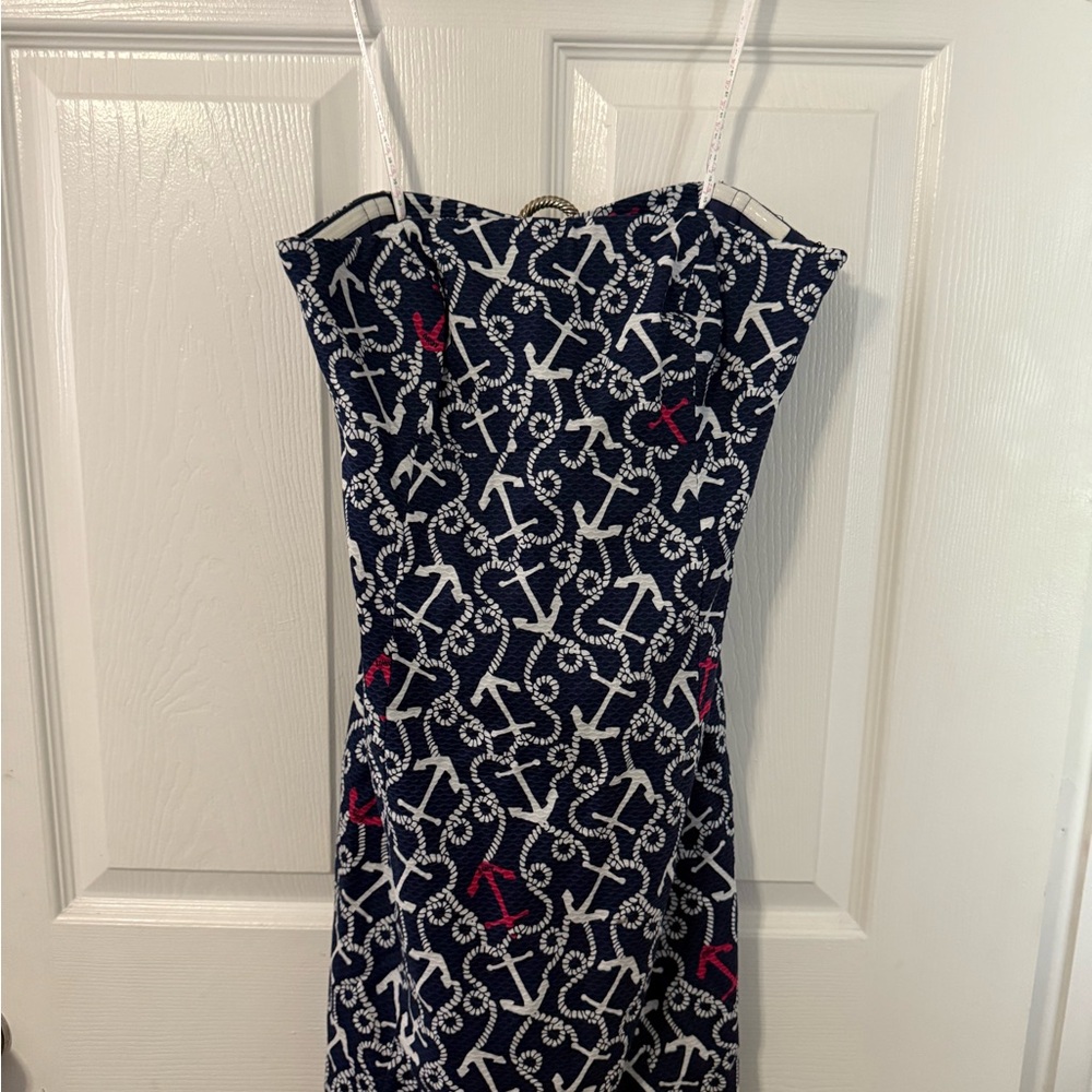 Lilly Pulitzer Strapless Dress in Navy and White with Anchor design. - Picture 3 of 8